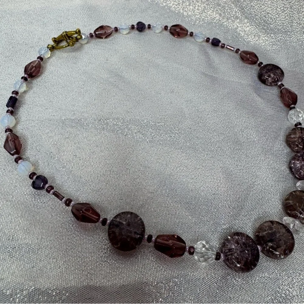 Amethyst necklace beaded opal look beads stunning purple pink silver gold toggle